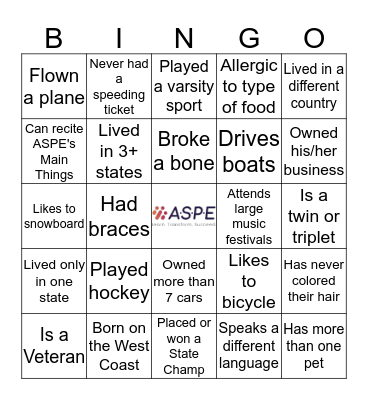 ASPE Coworker Bingo Trivia Bingo Card