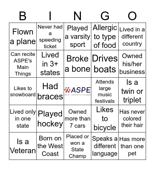 ASPE Coworker Bingo Trivia Bingo Card