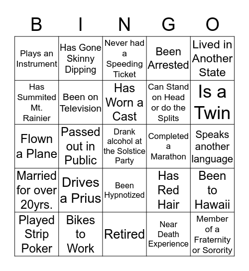 SOLSTICE BINGO 2019 Bingo Card
