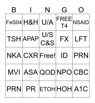 MEDICAL ABBREVIATIONS Bingo Card