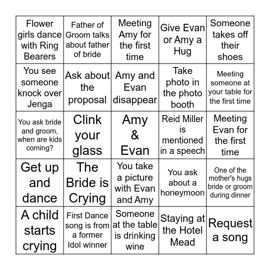 Amy and Evan Wedding Night  Bingo Card