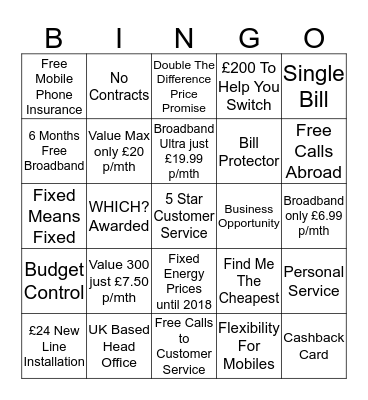 UTILITY WAREHOUSE  Bingo Card