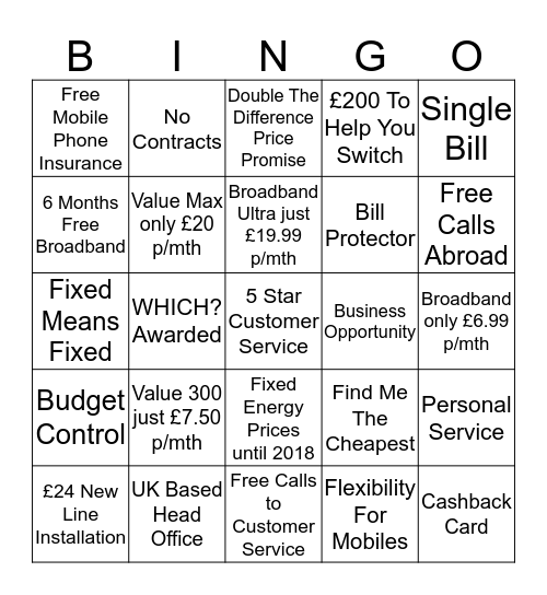 UTILITY WAREHOUSE  Bingo Card