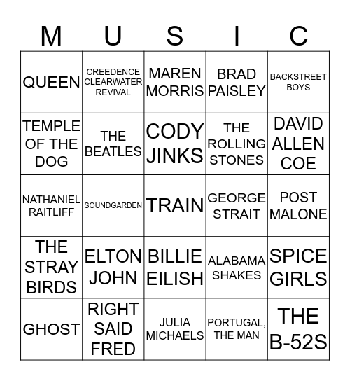 Player's Choice Bingo Card