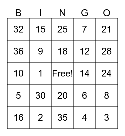 Multiplication Bingo Card