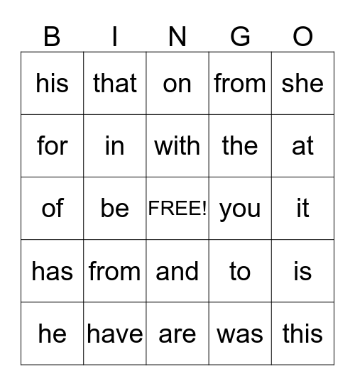 Kindergarten Sight Words Bingo Card