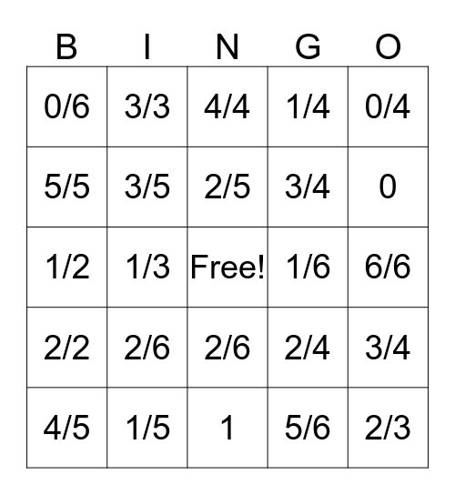 Fraction Bingo Card