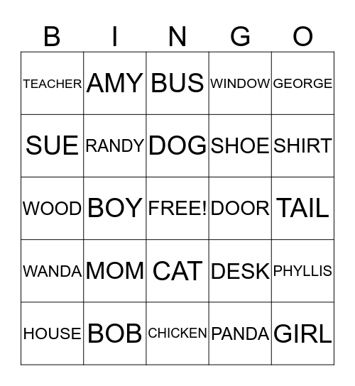 Nouns Bingo Card