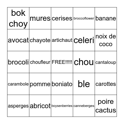 fruits and vegtables Bingo Card