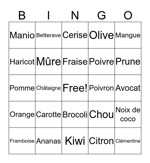 Fruit & Veggie Bingo Card