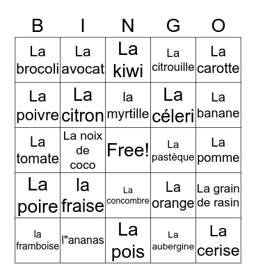 Fruits et légumes français Bingo Card