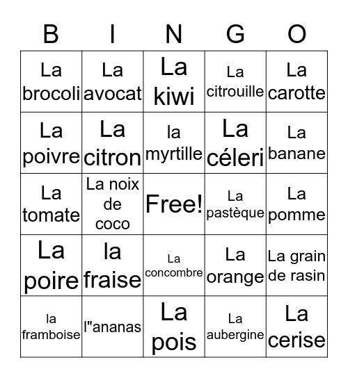 Fruits et légumes français Bingo Card