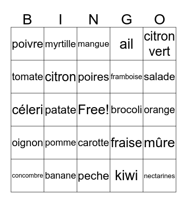 légumes et fruits Bingo Card