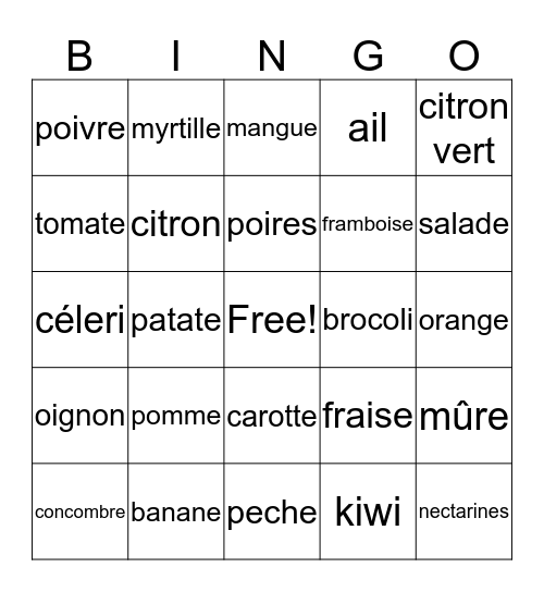 légumes et fruits Bingo Card