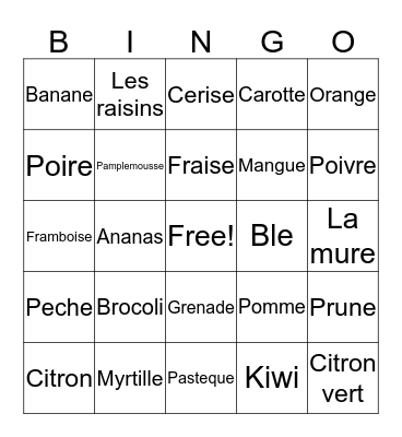 Fruits and Vegetables Bingo Card