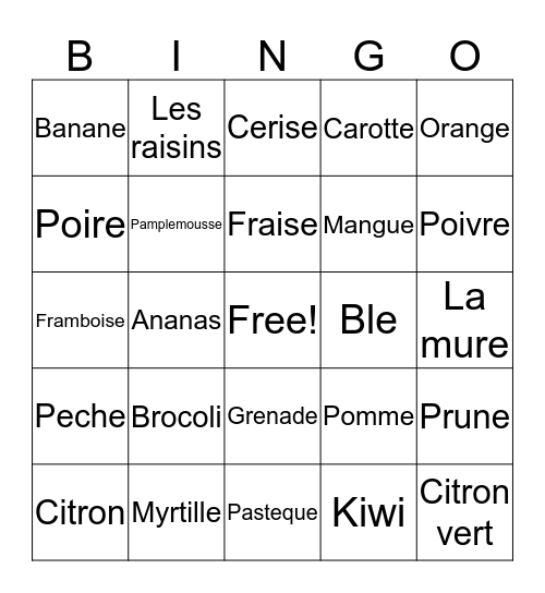 Fruits and Vegetables Bingo Card