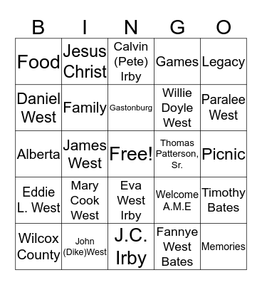 West   Family   Reunion  Bingo Card