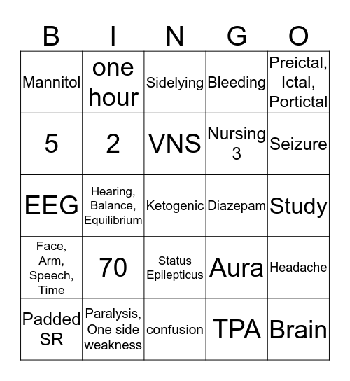 Neurosensory Bingo Card