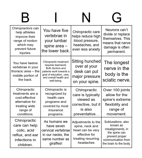 Paradigm Chiropractic  Bingo Card