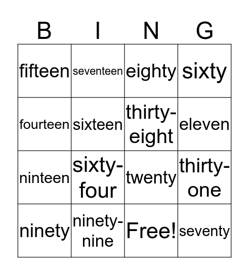Number Words Bingo Card