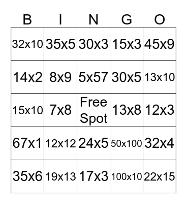 multiplication Facts Bingo Card