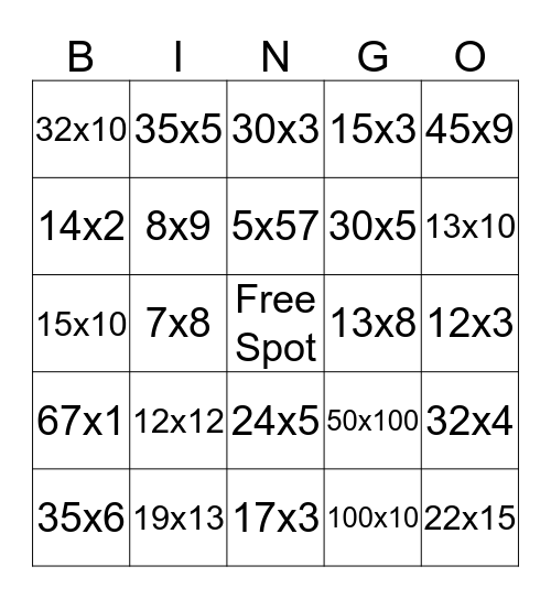 multiplication Facts Bingo Card