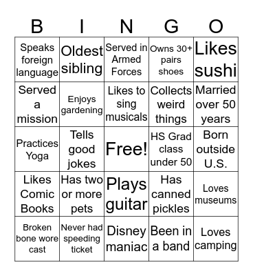 GETTING TO KNOW YOU Bingo Card