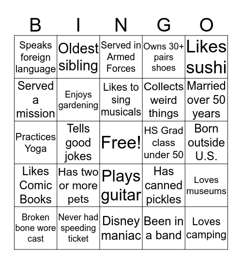 GETTING TO KNOW YOU Bingo Card