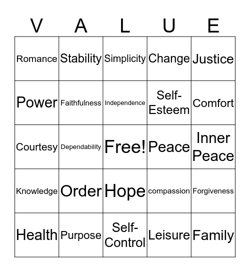 Acceptance and Commitment Bingo Card