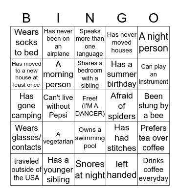Get To Know You Bingo... Bingo Card