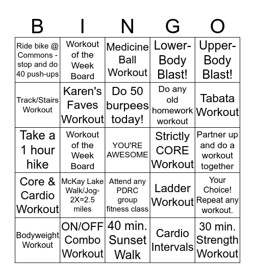 Monday Crew Fitness Challenges Bingo Card