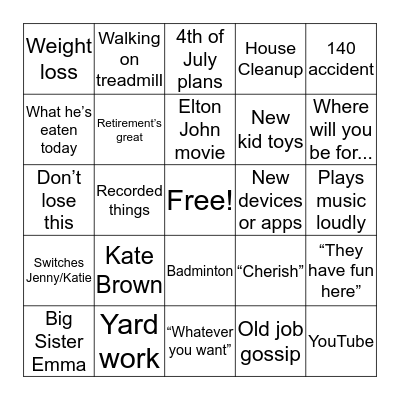 Billy G Bingo Card