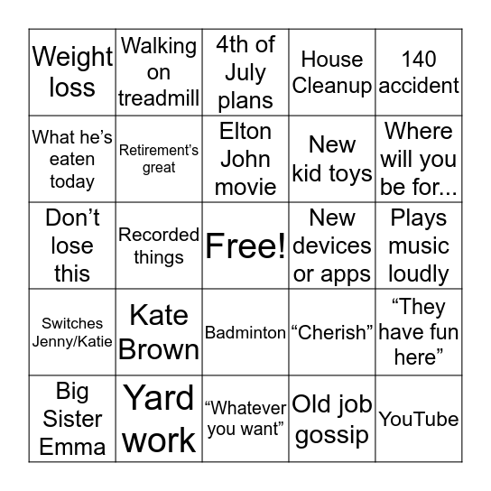 Billy G Bingo Card