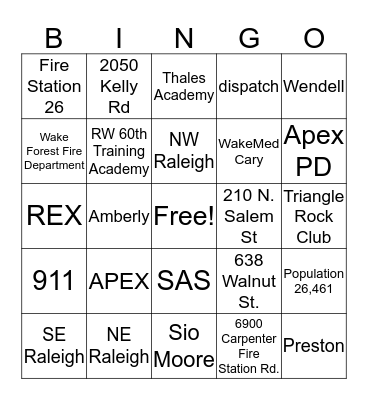 Raleigh Wake 911 BINGO  Bingo Card