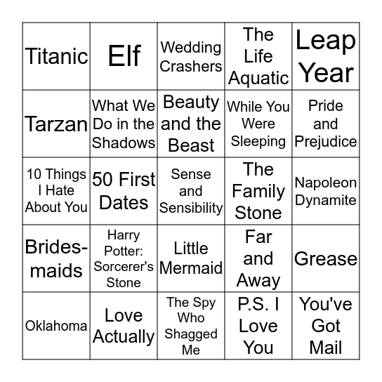 Movie Showdown Bingo Card