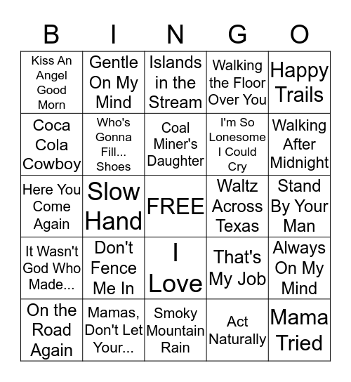 Country Song Bingo Card