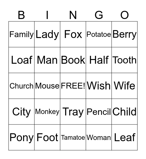 SINGULAR Bingo Card