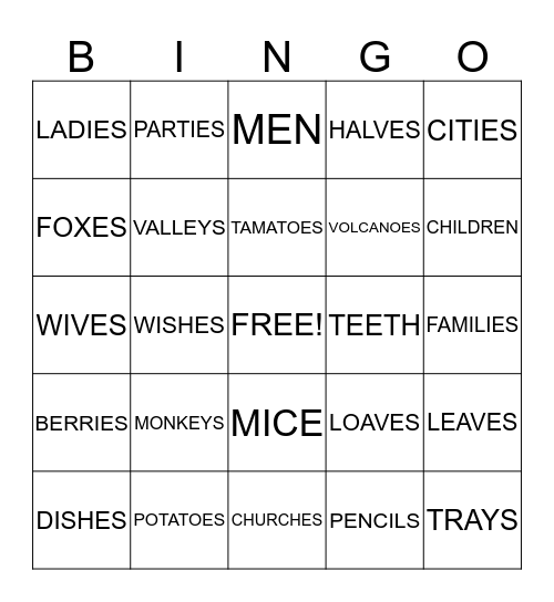 PLURALS Bingo Card