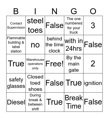 Warehouse safety Bingo Card