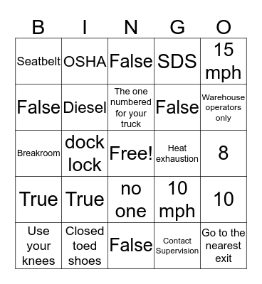 Warehouse Safety Bingo Card
