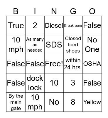 Warhouse Safety Bingo Card