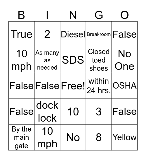 Warhouse Safety Bingo Card