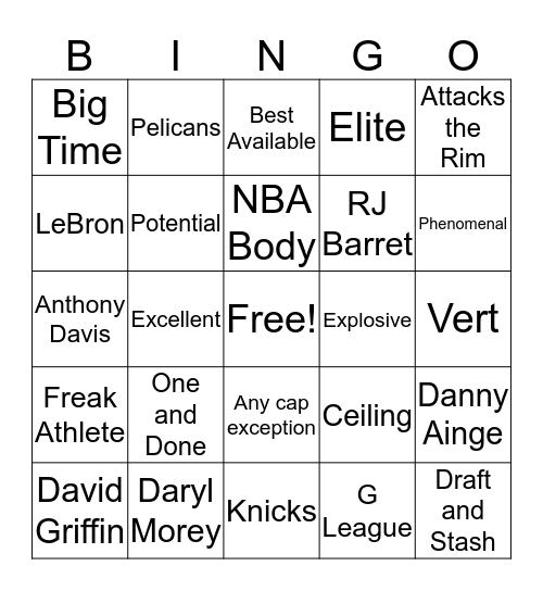 NBA Draft Drinking Game Bingo Card