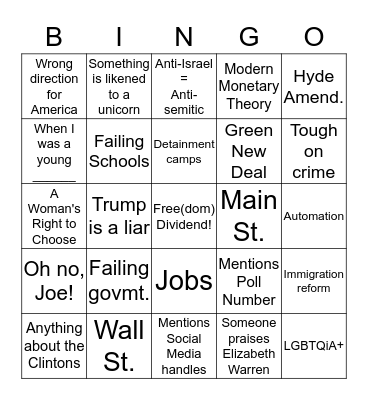 Democratic Debate Night Bingo Card