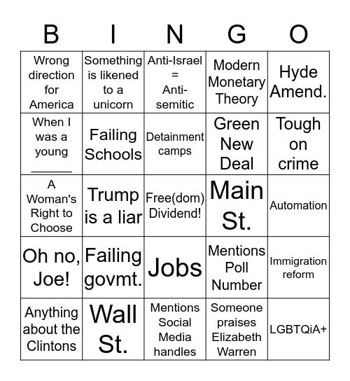 Democratic Debate Night Bingo Card