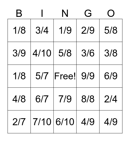 Fraction Bingo Card