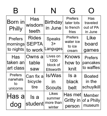 Block Party Bingo Card