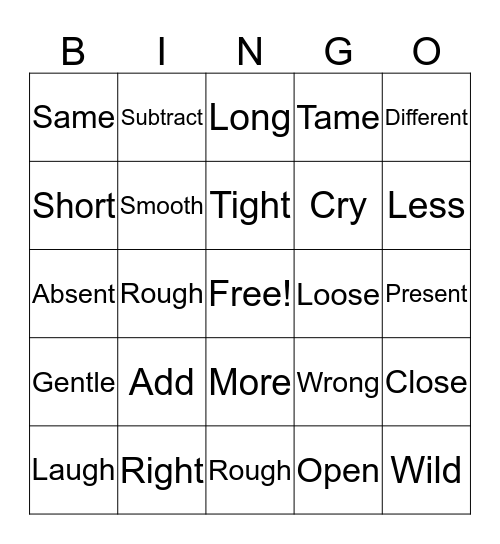 Antonym Bingo Card