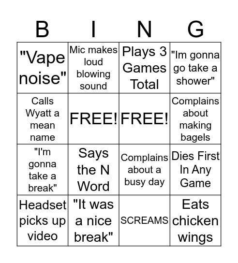 Gavin Bingo Card