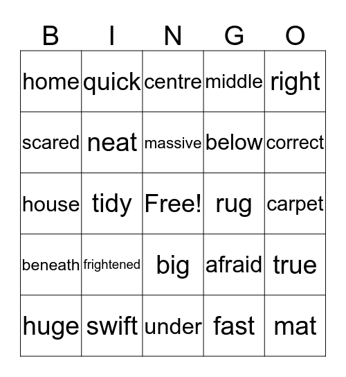 Synonym Bingo Card